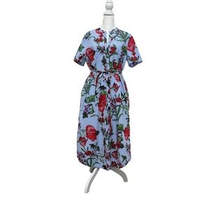 Zara short sleeve midi blue shirt dress with red flowers